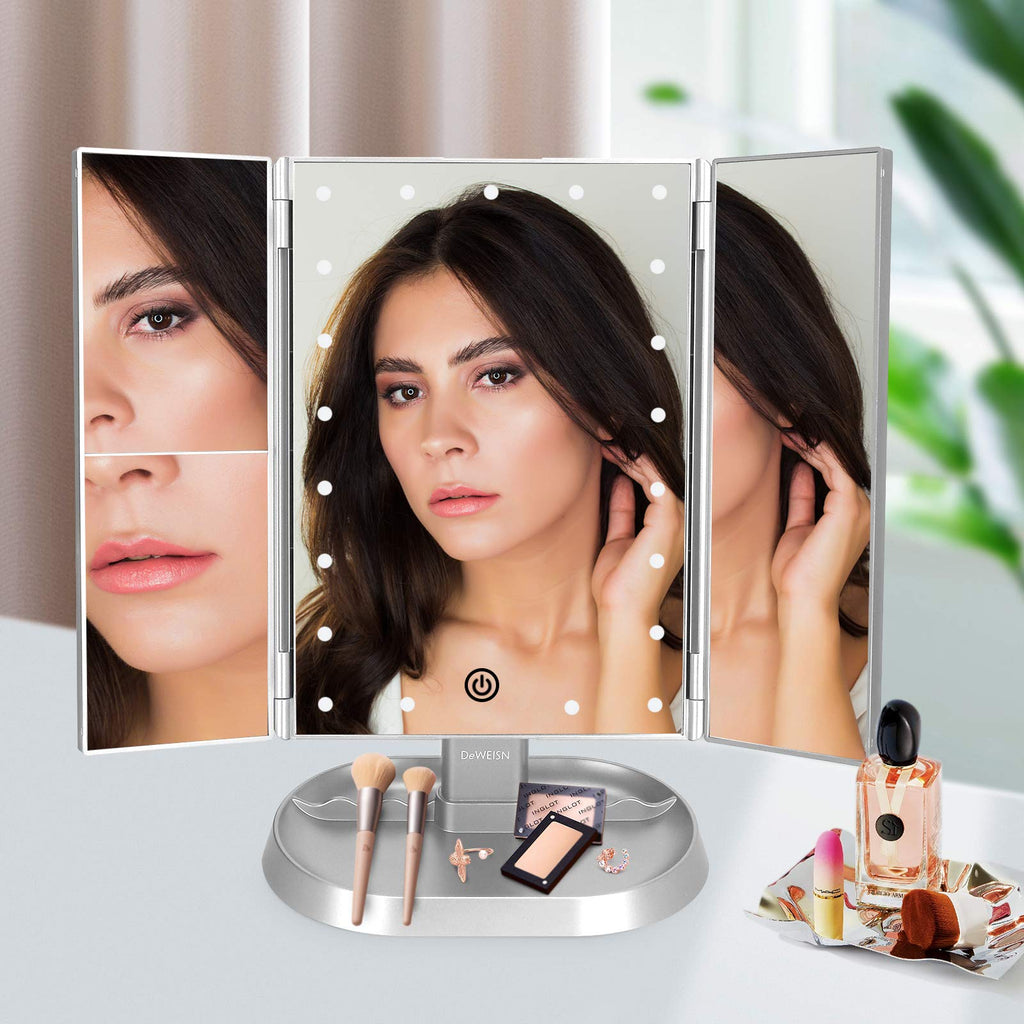 Trifold Lighted Vanity Makeup Mirror with 21 LED Lights,1/2/3 Magnification and Dimming,Two Power Supplies Makeup
