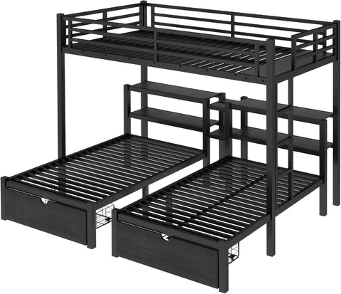 Heavy Duty Triple Bunk Bed with Storage Drawers, Shelves, Triple Bed with Charging Station