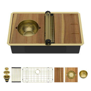 32"x19" Gold Undermount Kitchen Sink, Workstation All-In One Gold 16 Gauge Stainless Steel Under Counter Single