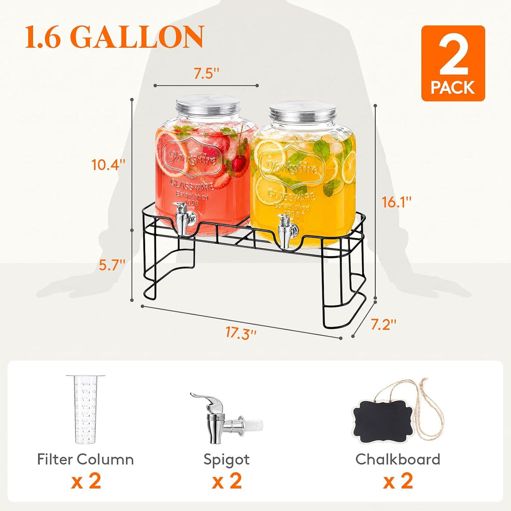 1.6 Gallon Glass Drink Dispenser with Stand & Fruit Infuser - Set of 2