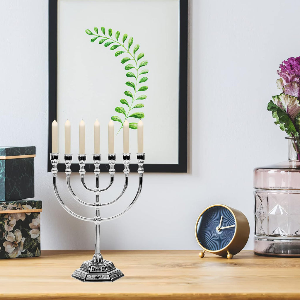 Traditional Jewish , 7 Branch Silver-Plated Candle Holder Altar, Judaica Decor from Holy Land Jerusalem, Table