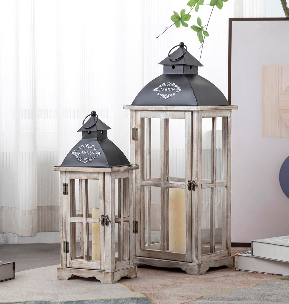 Set of 2 Large Decorative Wooden Metal Lanterns, Farmhouse Rustic Floor Candle Lanterns, Indoor/Outdoor Hanging