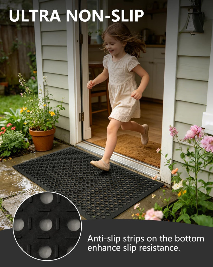 24"x36" Heavy Duty Non Slip Outdoor Rubber Door Mat with Drainage Holes,Large Rubber Mats for Bar, Garage, Kitchen