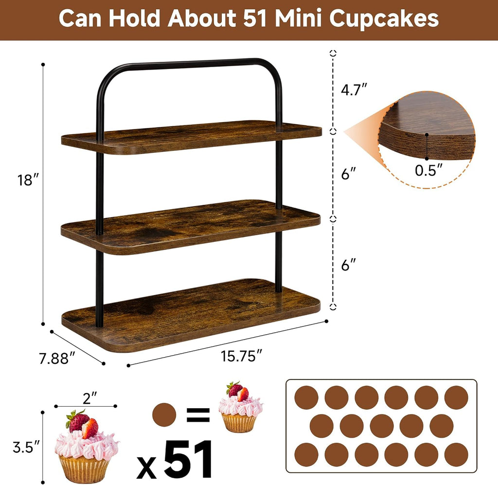 3-Tier Rustic Wood Cupcake Stand with Metal Handles, Farmhouse Style Display for 50 Mini Cupcakes