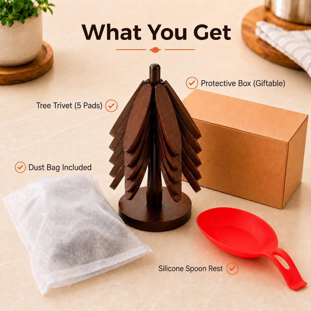 Wooden Trivets for Hot Dishes,5-Pads,Silicone Spoon Holder Included