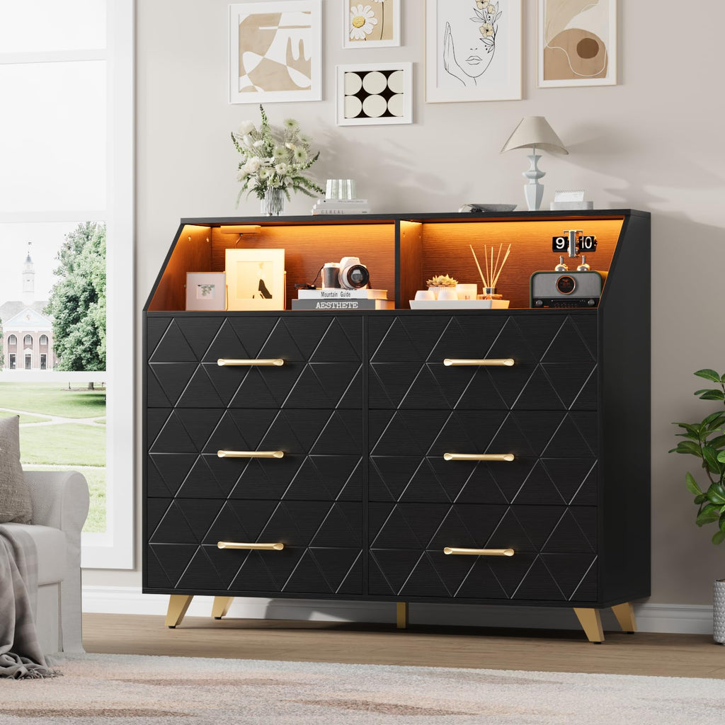 6 Drawer Dresser with LED Lights & Charging Station, Wooden Black Dresser, Modern TV Stand Dressers & Chests of
