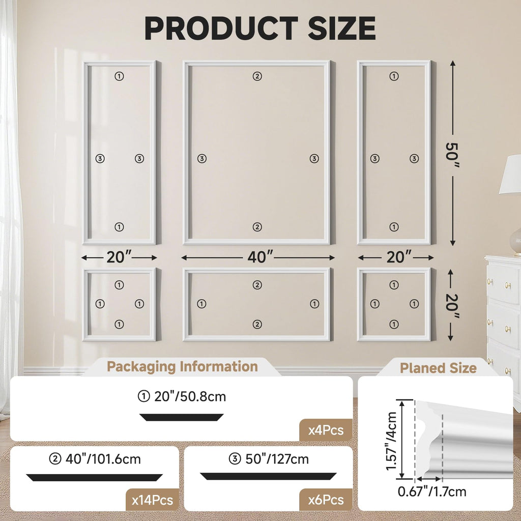 6-Frame Premade Accent Wall Molding Kit, Ready-to-Assemble Wainscoting Panels, Pre-Cut Chair Rail Moulding Trim