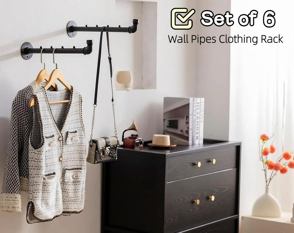 Industrial Wall Pipe Clothes Bar - Heavy Duty Coat Hanger with Hook, Wall-Mounted Garment Holder Racks, Wall Clothing