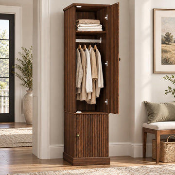72" Wood Armoire Wardrobe Closet, Fluted, Narrow, Retro Brown