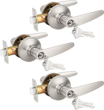 (3 Pack Keyed Entry Door Lever Lock Door Handleset,(keyed Alike) Each with 3 Keys All Same Key in Satin Nickel