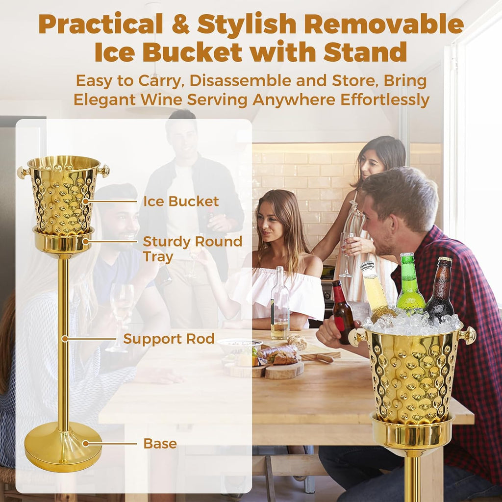 Gold Champagne Bucket with Stand, 5L Ice Bucket Wine Chiller, Stainless Steel Wine Bucket for Wedding BBQ Party Home