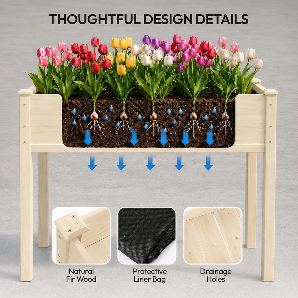 48.5"x22.5"x30" Elevated Raised Garden Bed with Bed Liner, Heavy Duty Wood Planter with Legs for Vegetables Fruits