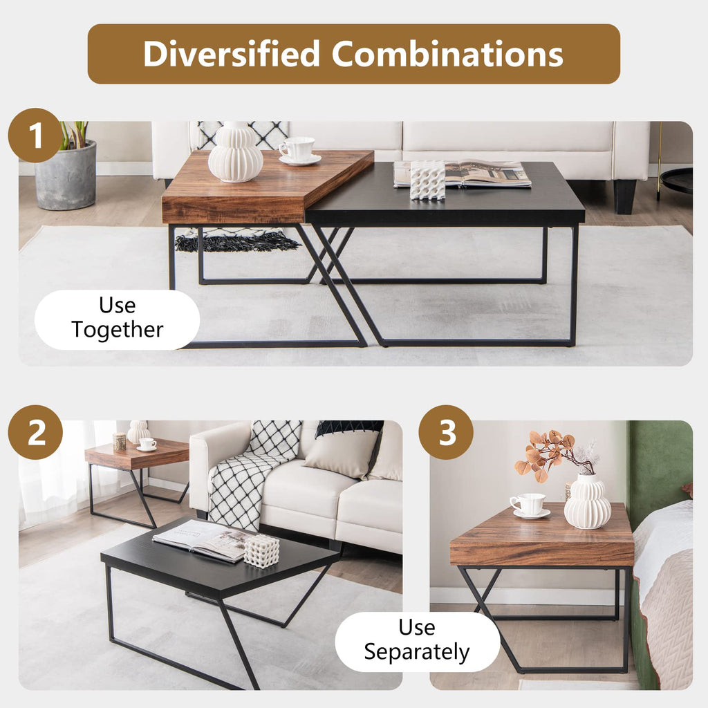 Stacking Coffee Set of 2, Black & Brown Modern Side with Powder Coated Metal Legs, Trapezoid Nesting, Black + Brown