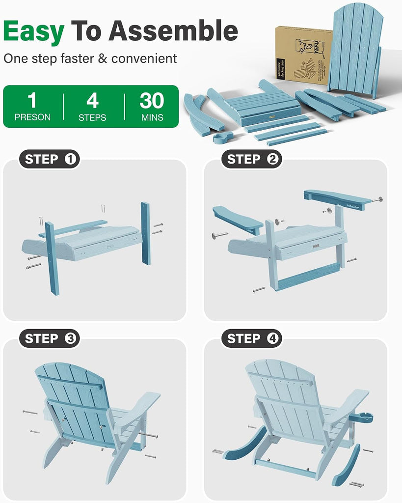Adirondack Rocking Chairs Set of 2, with Footrest, All-Weather, Blue | 5- Level Adjustable Backrest, Retractable