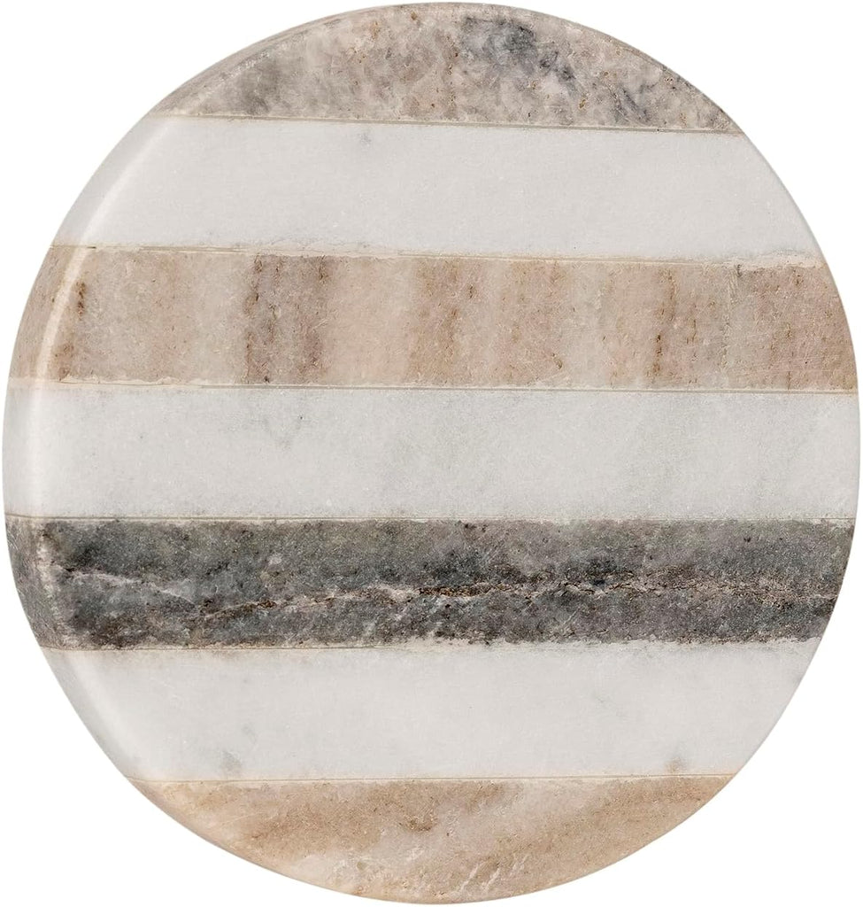 Handcrafted Marble Round Coasters with Striped Inlay White & Grey Marble Coasters for Wine Glasses, Drinks - Set of 6