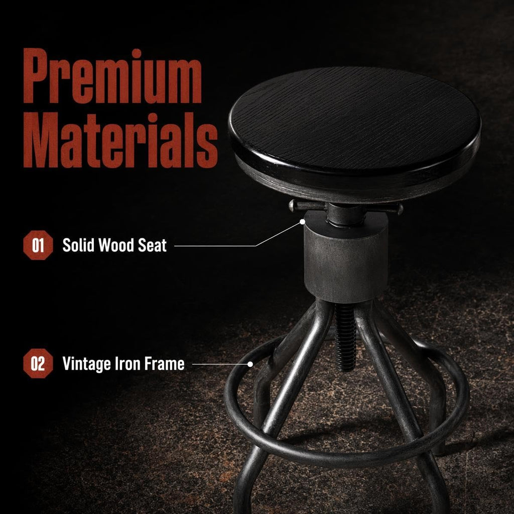 Set 2 Industrial Bar Stool-Vintage Adjustable Round Wood Metal Swivel Stools-23-30 Inch Tall Counter Bar Height