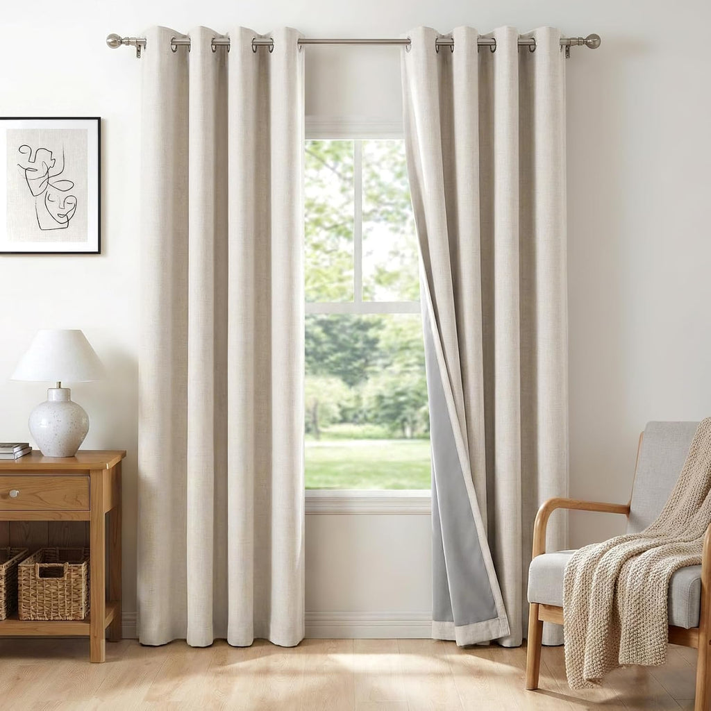Linen Textured Total Blackout Curtains for Bedroom 84 Inches Long, Beige Grommet Curtains, Thermal Insulated Room