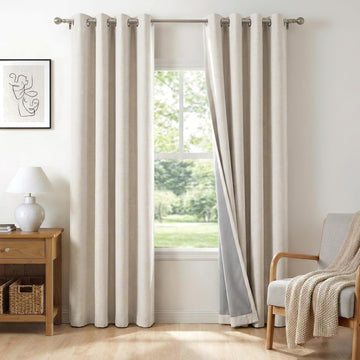 Linen Textured Total Blackout Curtains for Bedroom 84 Inches Long, Beige Grommet Curtains, Thermal Insulated Room