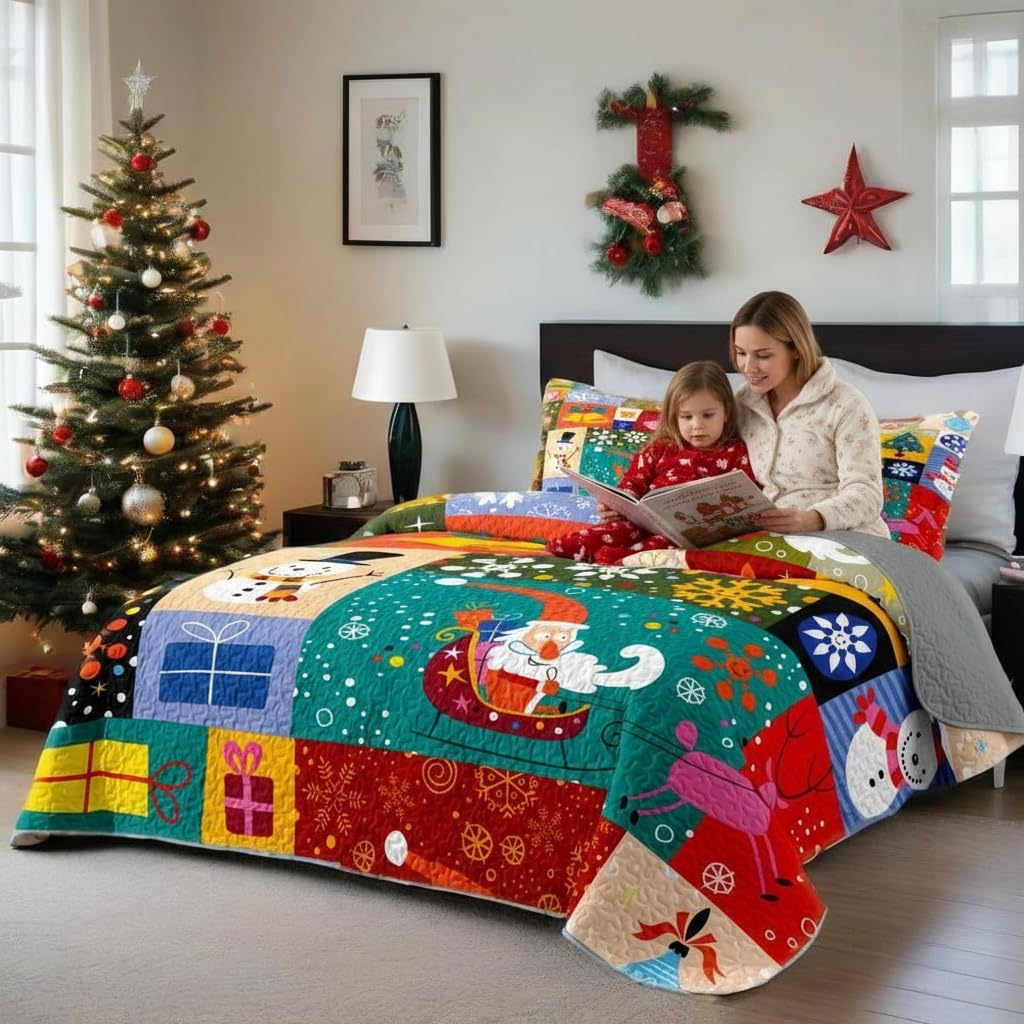 Merry Christmas Patchwork Green Quilt Set King- Santa Claus Gift Snowman Checkered Printed Holiday Bedding Set - Soft