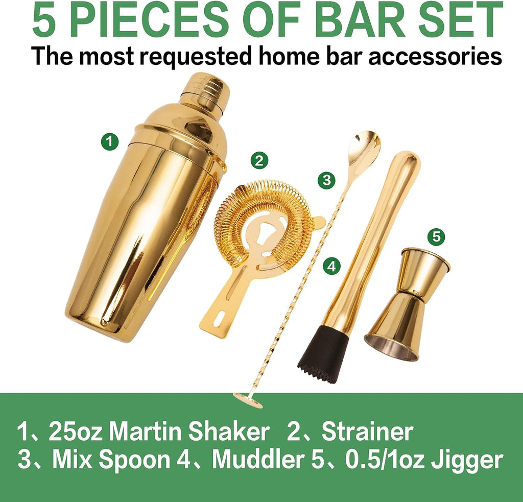 Cocktail Shaker Set Bartender Kit, Bar Set Stainless Steel Bar Tools Set for Professional Bartender and Home - Set of 5