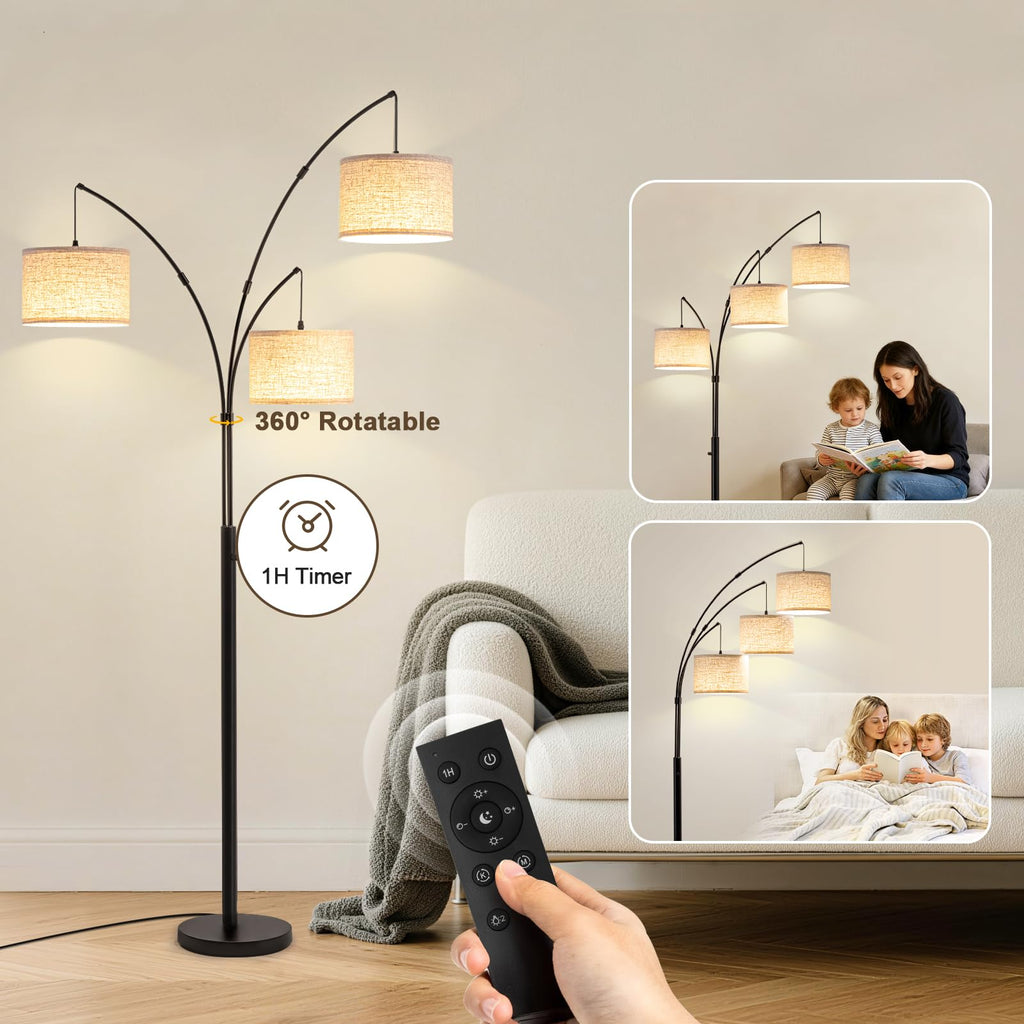 Arc Floor Lamp with Remote, 3 Light Floor Lamp Bright Lighting, 3 Color Temperature, Dimmable Tall Standing Lamp, Mid
