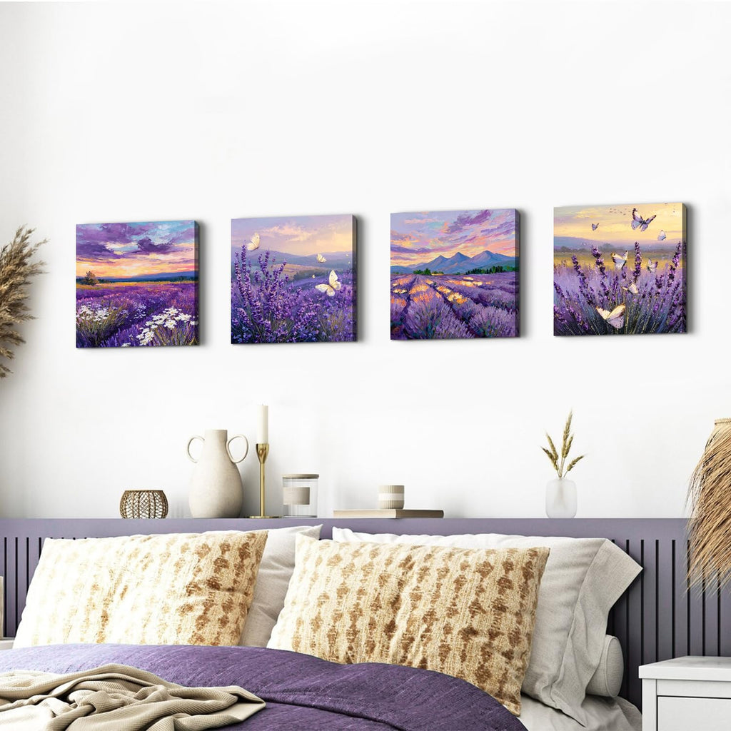 Purple Lavender Wall Art Bedroom Wall Decor Abstract Butterfly Scenery Pictures Watercolor Sunset Forest Paintings