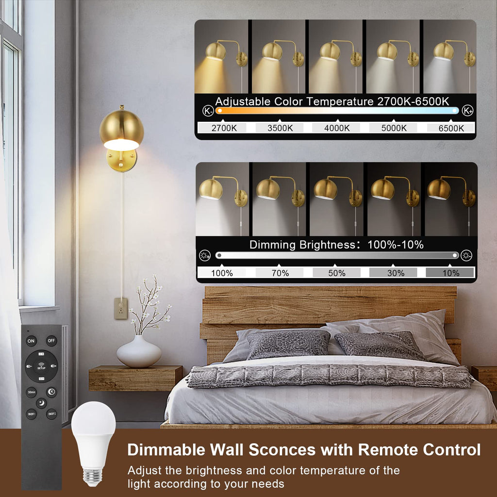 Wall Sconce with Remote Control, Plug in Wall Sconces Dimming 0-100% and Adjustable Color Temperature