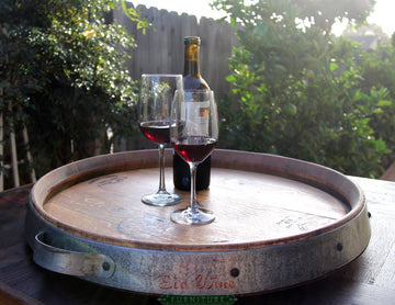 Lazy Susan from Reclaimed Wine Barrel - Oak Tray with Steel Rim & Handles - Rustic Charcuterie Board