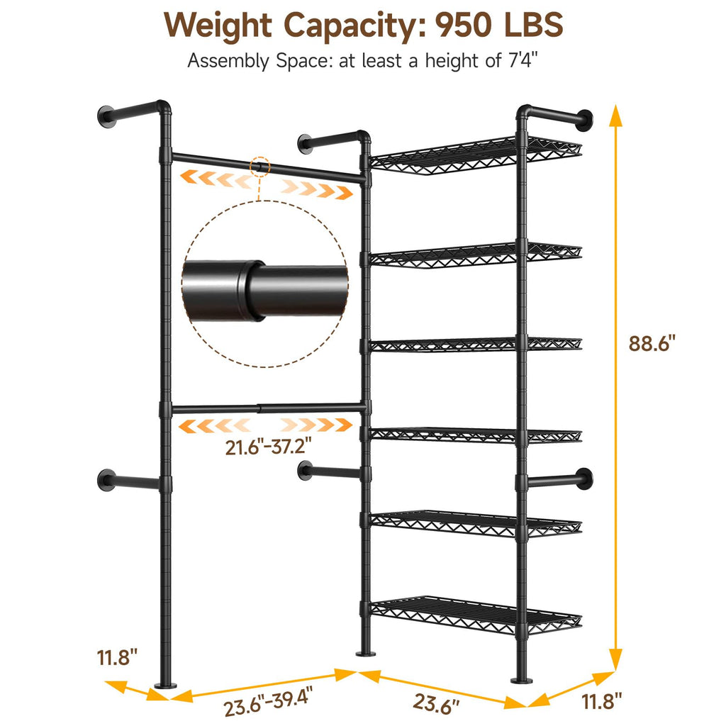 L2 Wall Mounted Closet System, Industrial Pipe Clothing Rack, Black