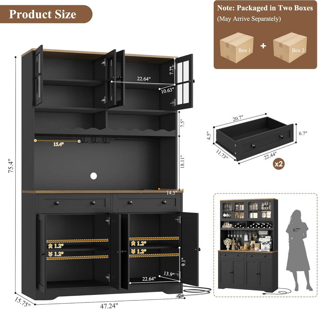 75" Kitchen Pantry Storage Cabinet, Coffee Bar Hutch Cabinet, Black | Tall Pantry Cabinet with Charging Station /
