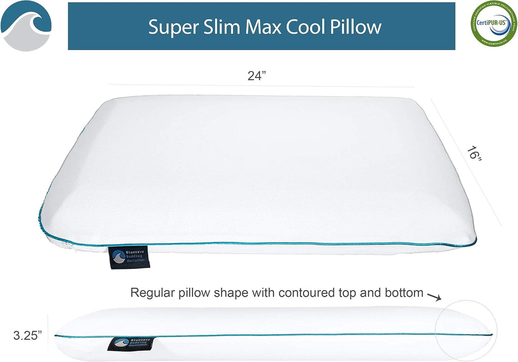 Bedding Super Slim Max Cool CarbonBlue Gel Memory Foam Pillow for Stomach and Back Sleepers - Thin, Flat Design with