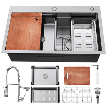 Kitchen Sink 30 Inch Drop Sink With Faucet Modern Stainless Steel Sink Top Mount Workstation Single Bowl Kitchen Sinks