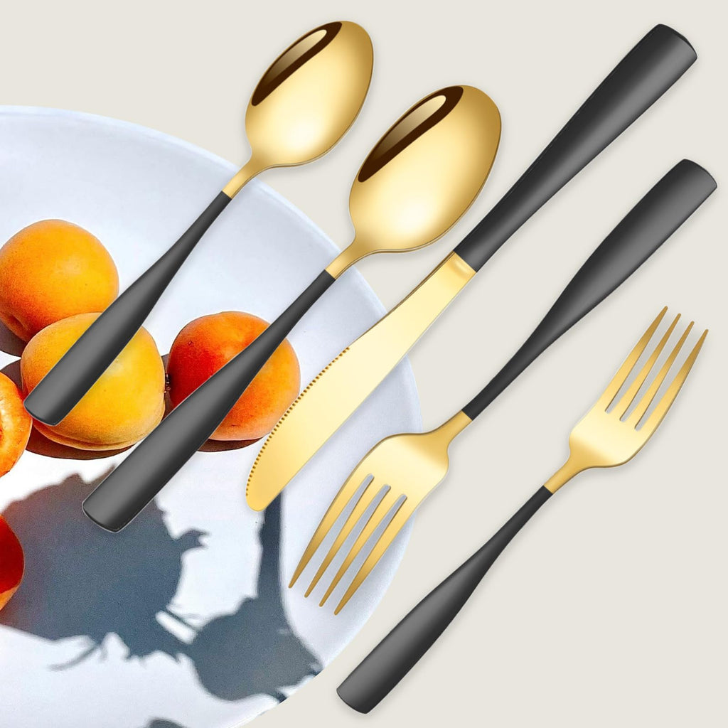 Black Gold Silverware Set for 8, Stainless Steel 40 Piece Modern Cutlery Set,Mirror Polished Heavy Duty Flatware Set