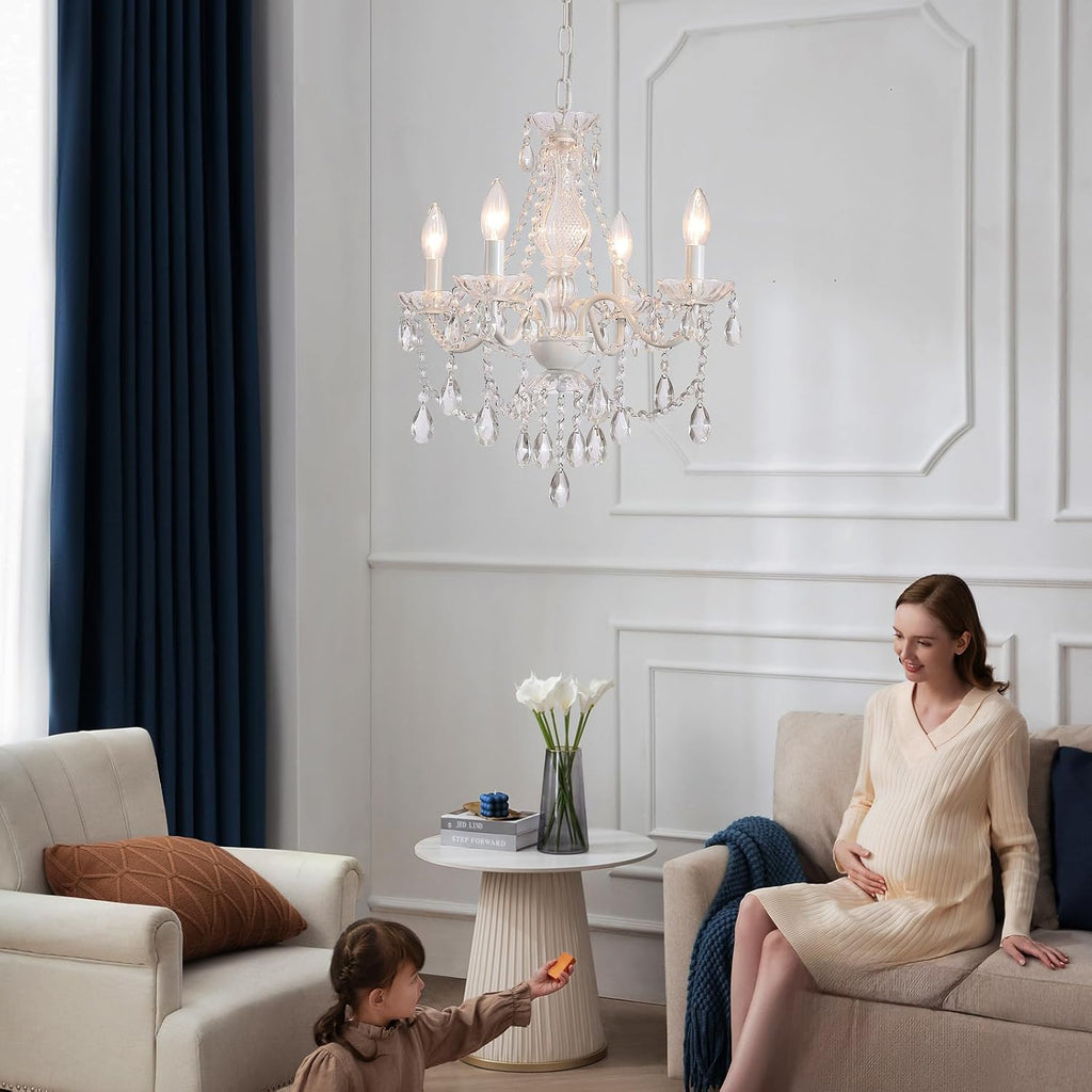 Plug-in White Crystal Chandelier, 4-Light Ceramic & Crystal Hanging Pendant Light with Clear Cord and On/Off Switch