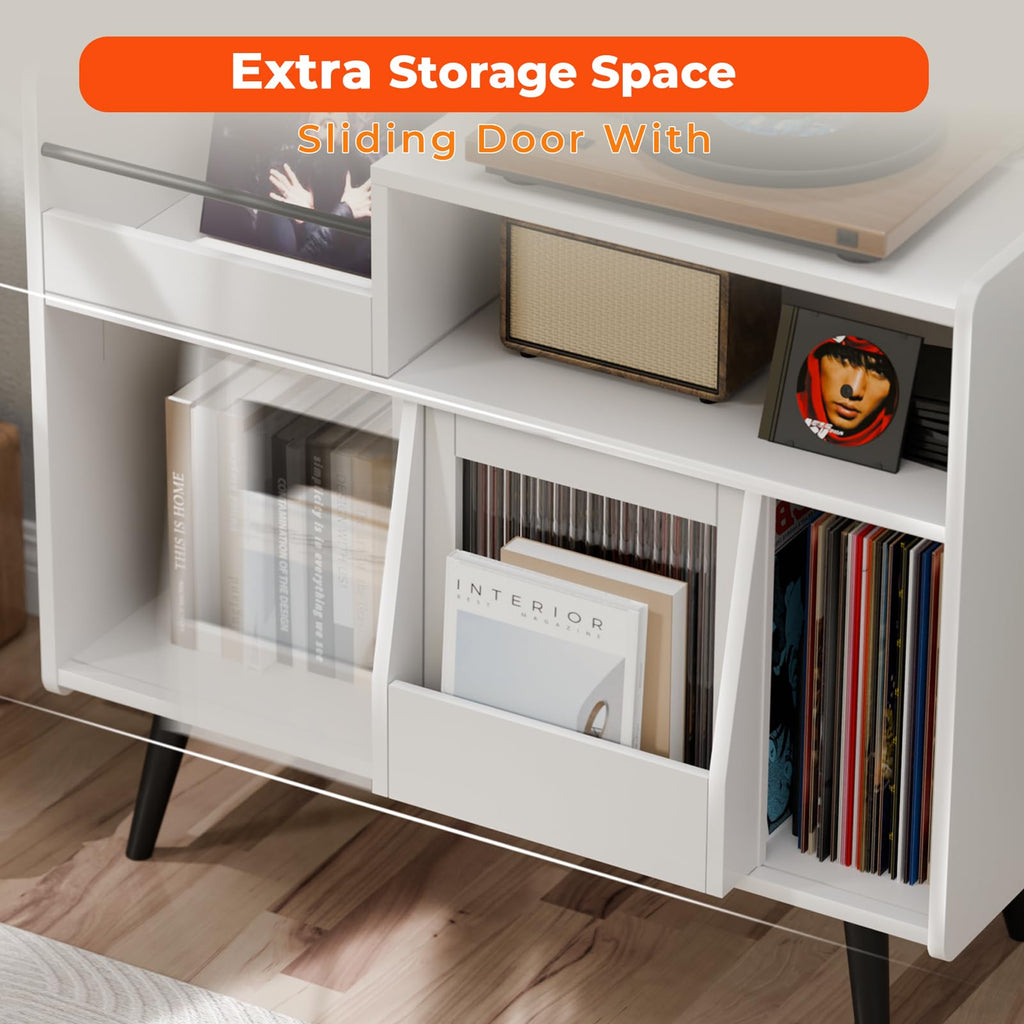 Large Record Player Stand -Turntable Stand Shelf w/Power Outlet & LED Light