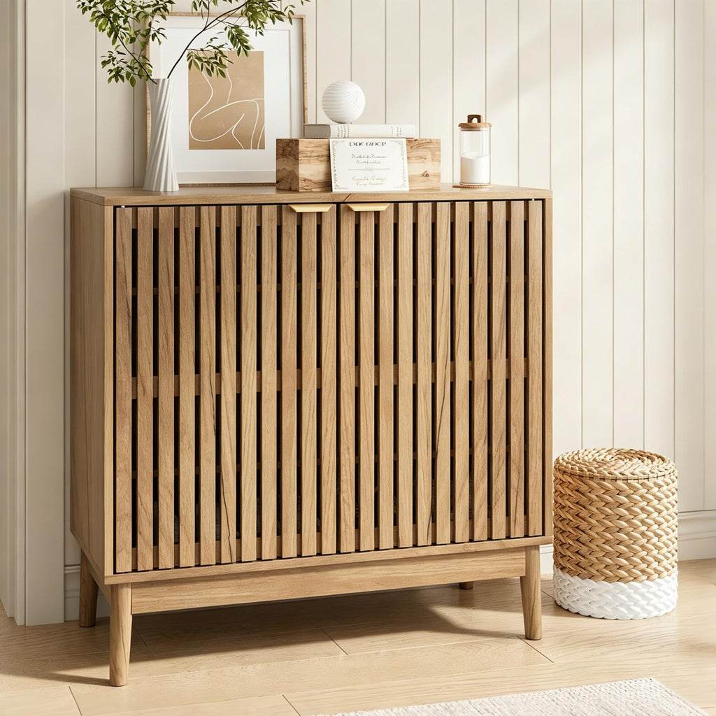 Wooden Sideboard Buffet Cabinet with Slatted Ventilation Doors & Adjustable Shelf, Sideboard Cabinet Storage Cabinet