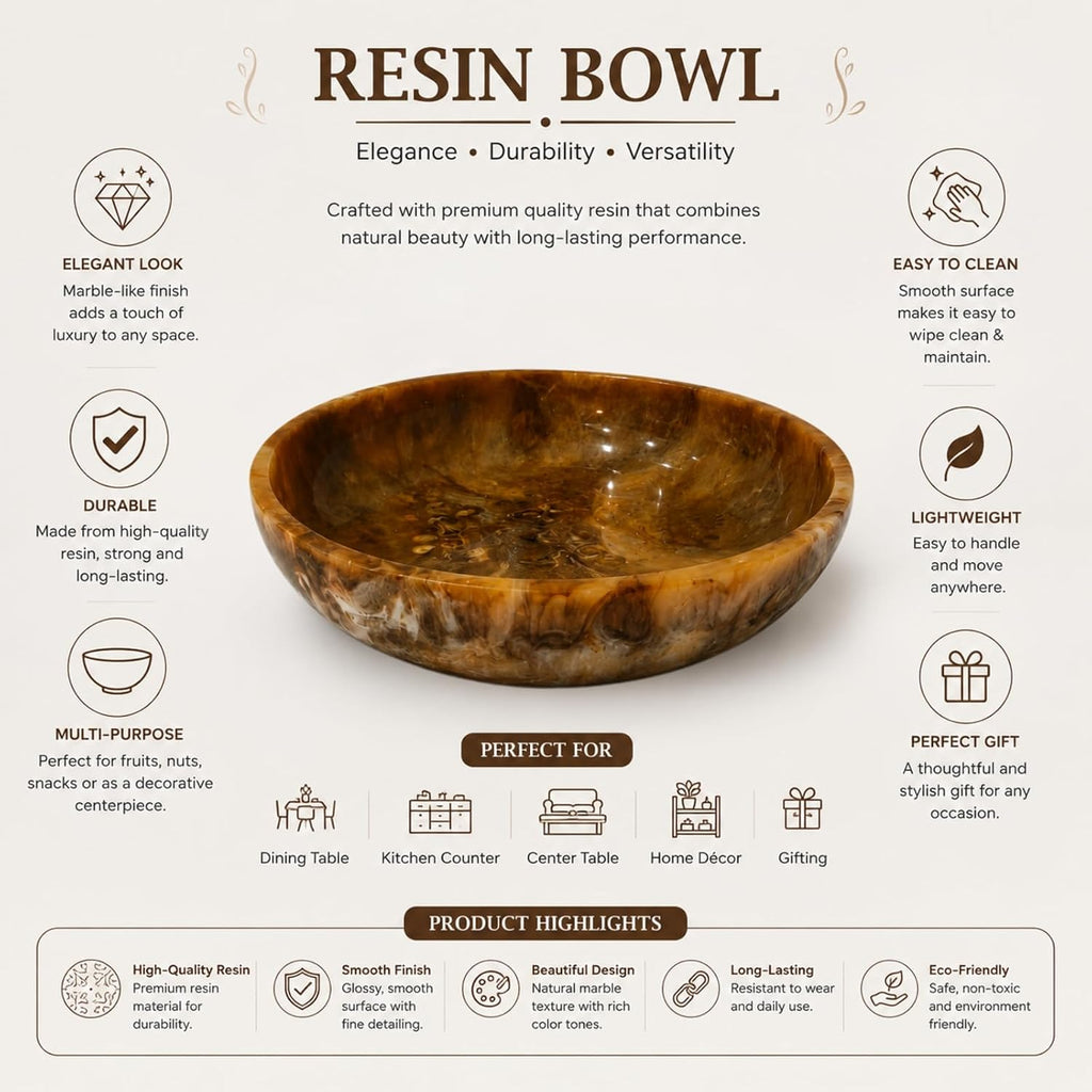 Luxury Marble Resin Decorative Bowl Decor | Handcrafted Round Serving & Centerpiece Bowl | Elegant Brown Gloss Finish
