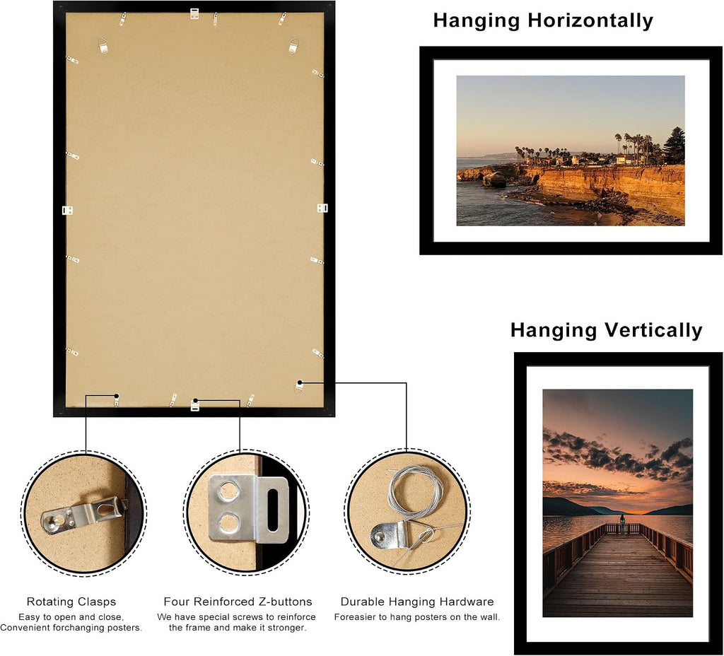 24x36 Poster Frame Set of 2, 24 x 36 Wood Picture Frames with Mat for 20x30, Wooden Photo Frame with Tempered Glass
