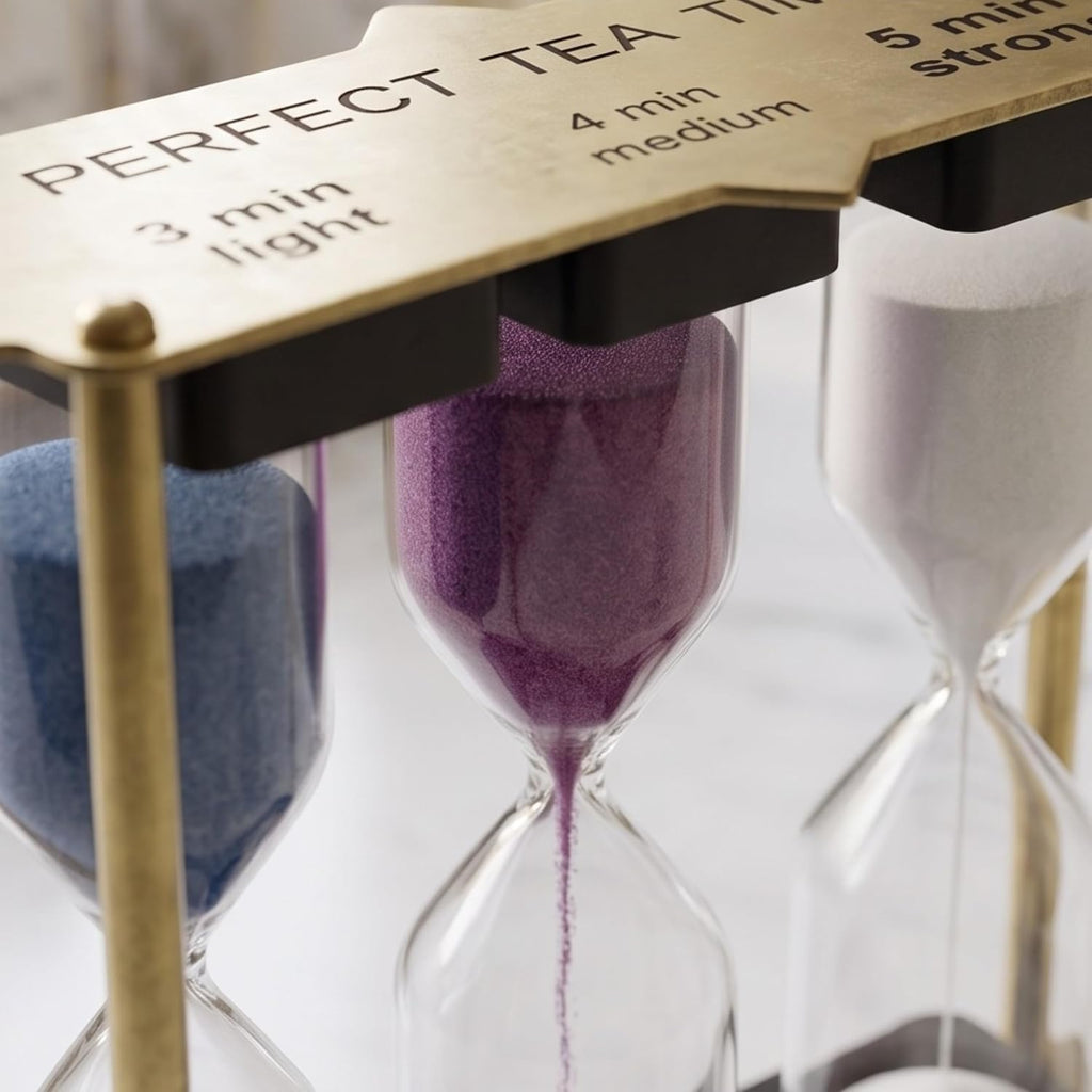 Sand Timer Hourglass Set with Blue Purple White Sand, Brass-Tone Metal Frame, Multiple Timing Options, 4.6 Inch - Set of 3