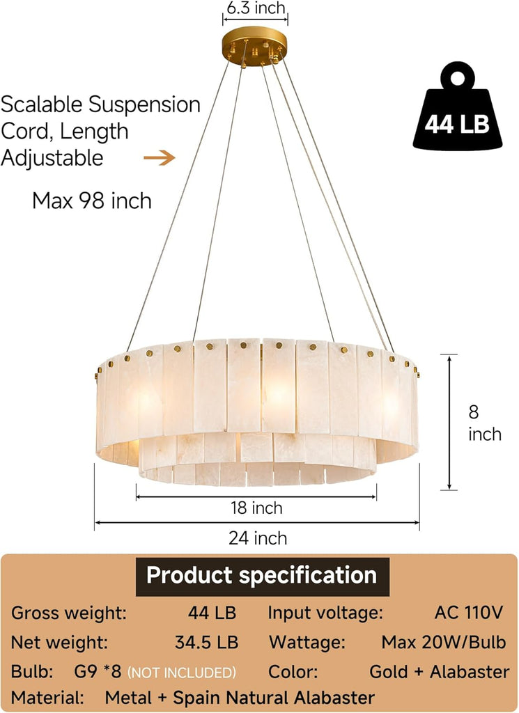 Alabaster Chandelier Round,Modern Drum Chandeliers,Spanish Marble Pendant Light Fixture for Living Room,Dining Room,Bedroom,Foyer,Kitchen Island,D24 inchs,8-Lights G9 A125-B0F5WRJZQD