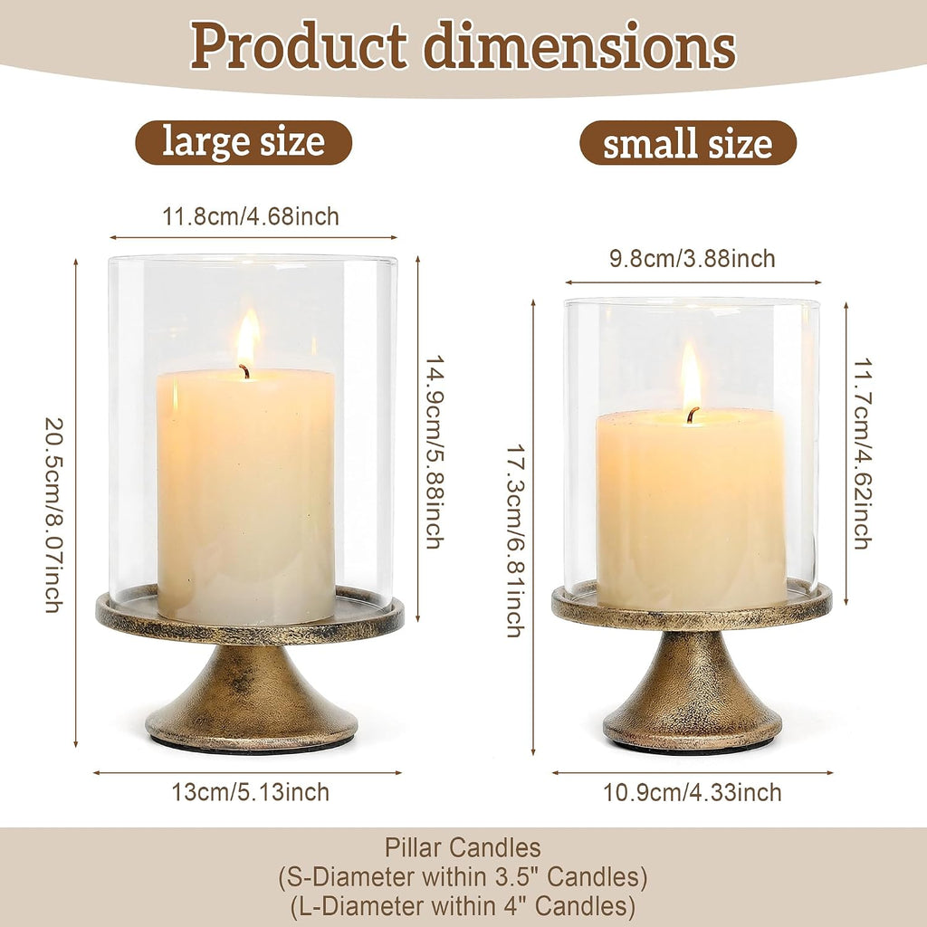 Set of 2 Hurricane Candle Holder Set with Glass Dome & Iron Base - Elegant Decorative Pillar Candle Holders