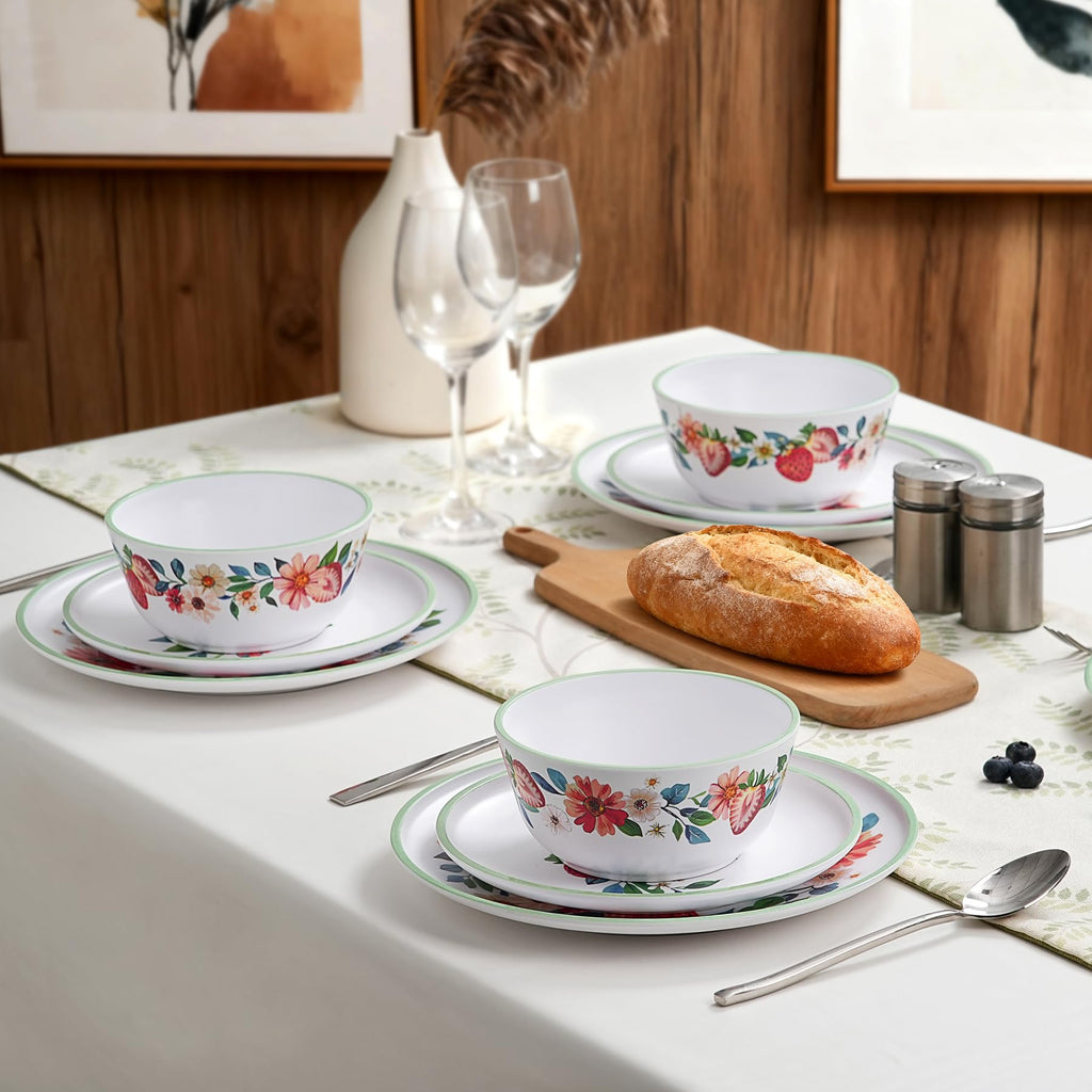 12-Piece Strawberry Melamine Dinnerware Set for 4, Floral Pattern
