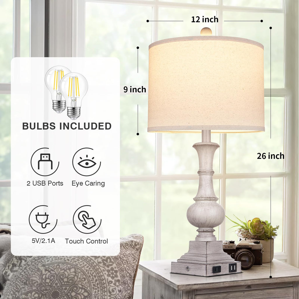 26" Farmhouse Table Lamps Set of 2, Rustic Touch Control Bedside Lamps with 2 USB Ports & AC Outlet, Vintage Resin