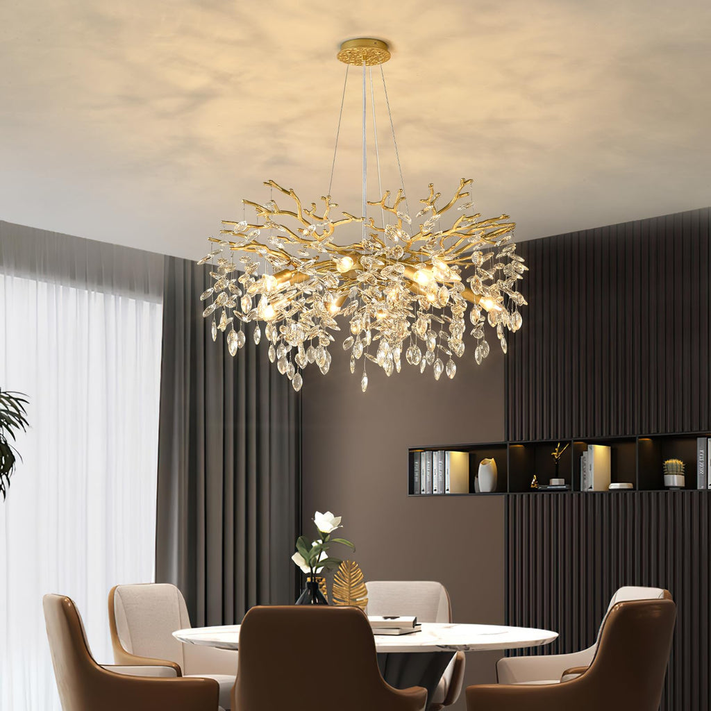 Gold Tree Branch Chandelier 32" 10-Light Modern Crystal Light Fixture