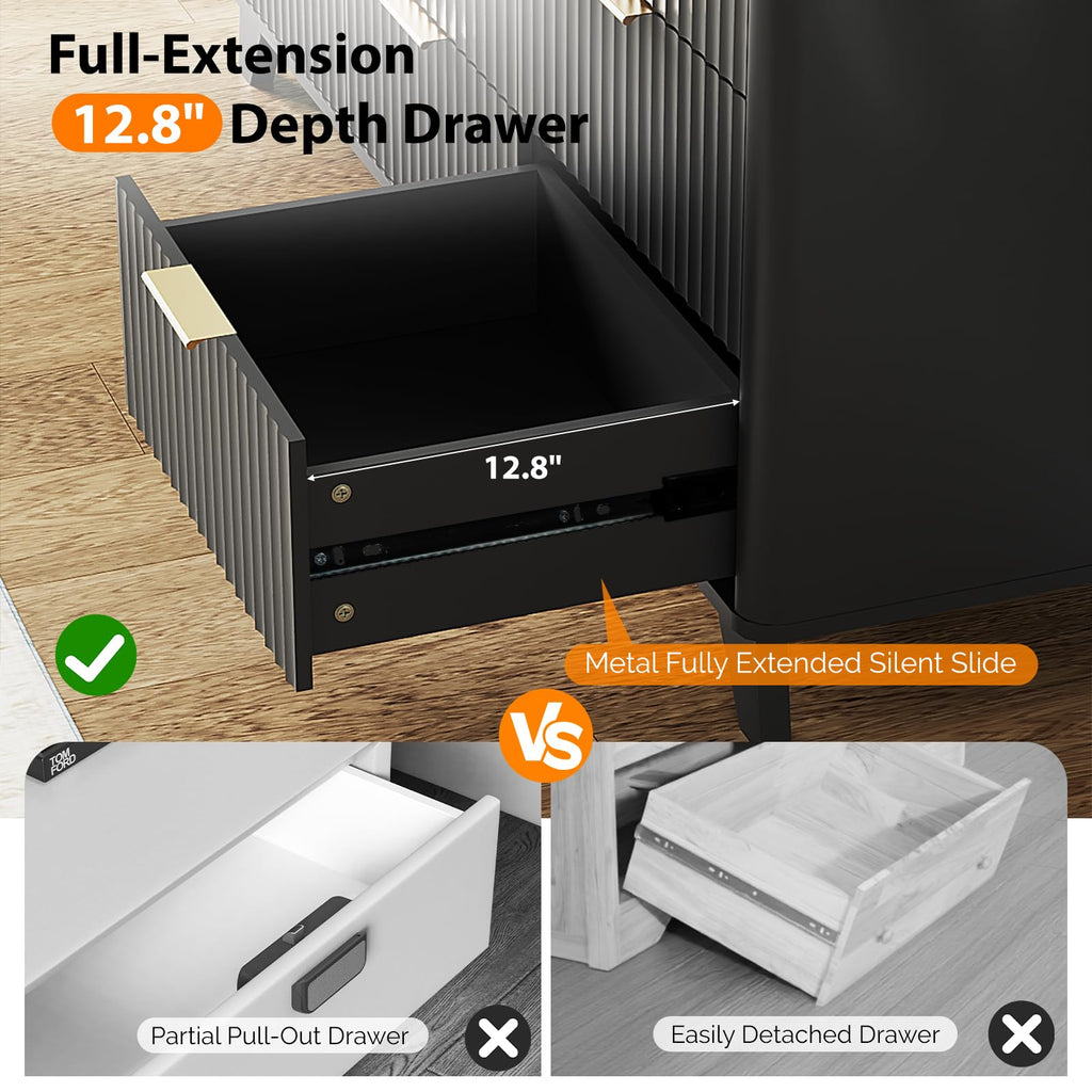 Black Fluted 6 Drawer Dresser with Rounded Edges, Black Modern Dresser, 46.8" W*15.5" D*31" H