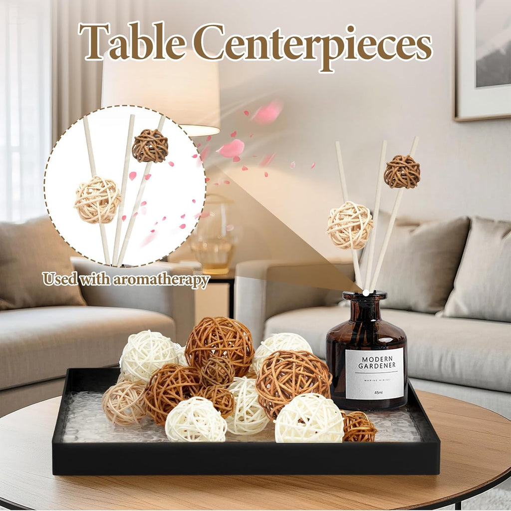 Woven Rattan Decorative Balls, 2.4" Wicker Orbs for Bowl Centerpieces & Vase Fillers, Neutral Brown & White - Set of 27