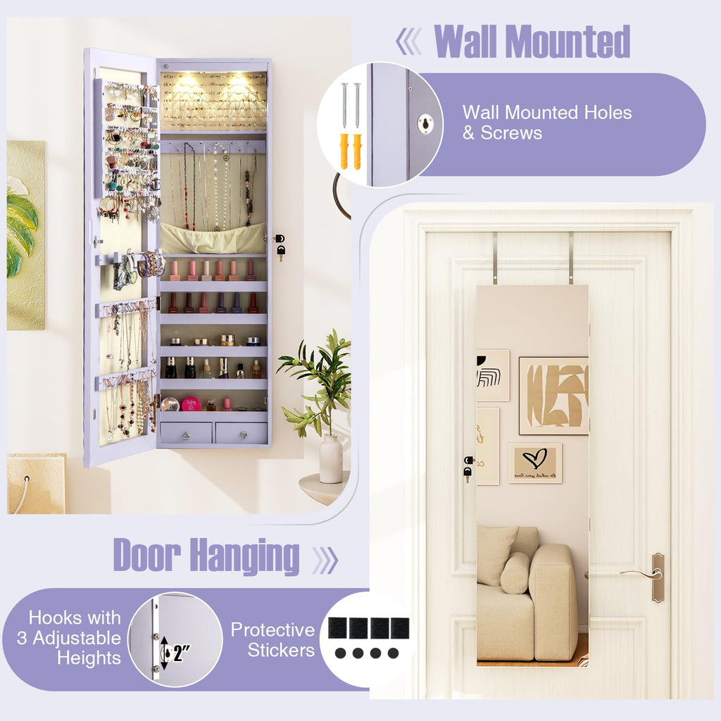 Wall Door Mounted Jewelry Armoire with 47.5" Full Length Mirror & 2 LED Lights, Large Storage Capacity, Lockable