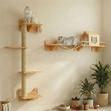 Cat Shelves for Wall - Cat Climbing Furniture Set for Large Cats with House, Bridge Ladder, 3 Scratching Posts & 5