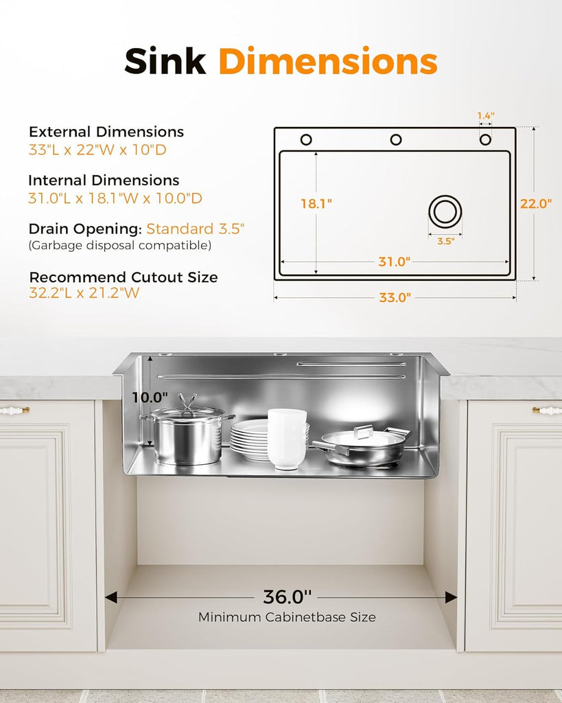 33X22 Drop Sink, 304 Stainless Steel Workstation Sink | Pop-Up Drain, Workstation Sink, Upgraded Fast Drain, Topmount