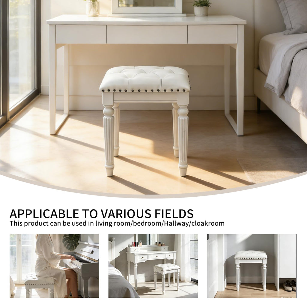 Vanity Bench Seating, Victorian Backless Vanity Stool, White Faux Leather